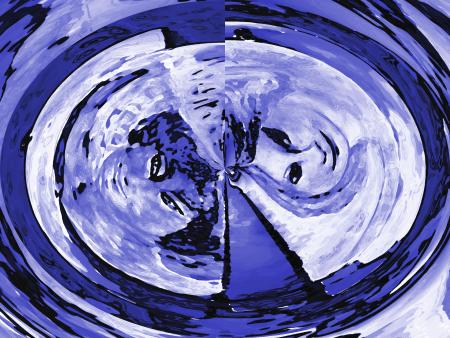 Femmes rieuses, assiette bleu/blanc